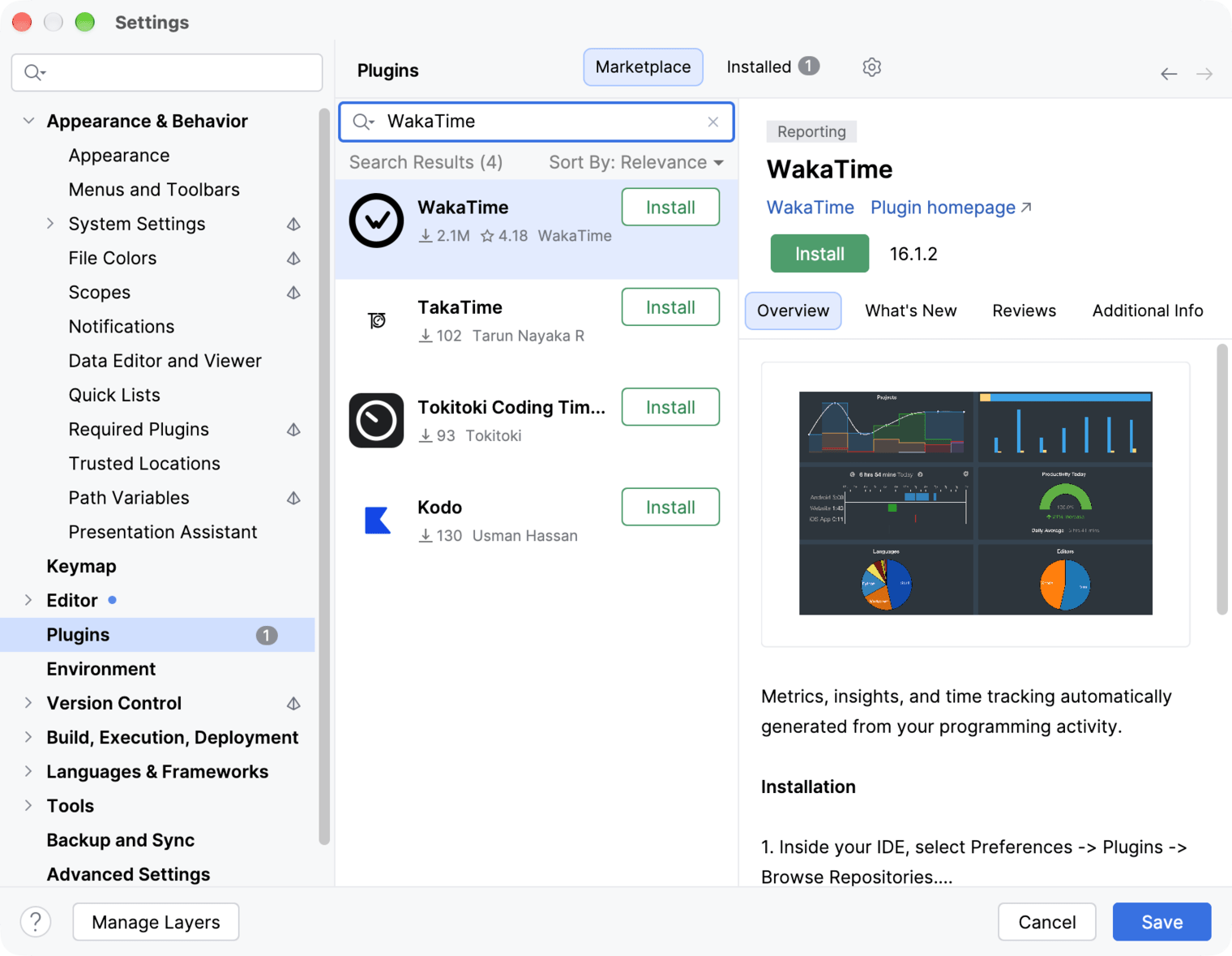 Rider Settings on the Plugins Marketplace tab with WakaTime in the search results