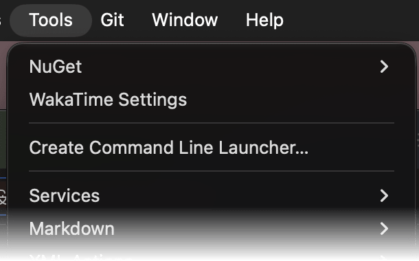 Rider Tools menu with WakaTime Settings at the top