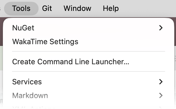 Rider Tools menu with WakaTime Settings at the top
