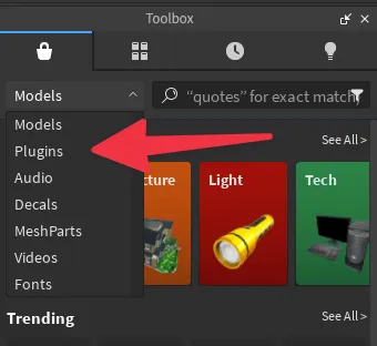Toolbox filter showing Plugins selected