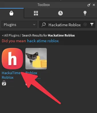 Toolbox search results showing HackaTime Roblox plugin