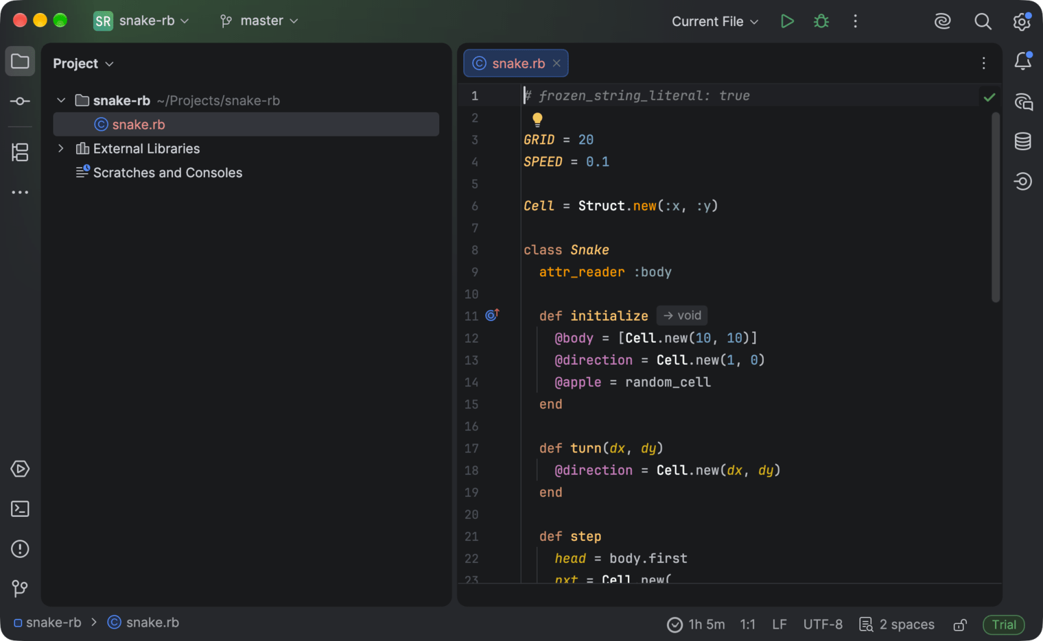 RubyMine with a project open and the WakaTime time in the status bar