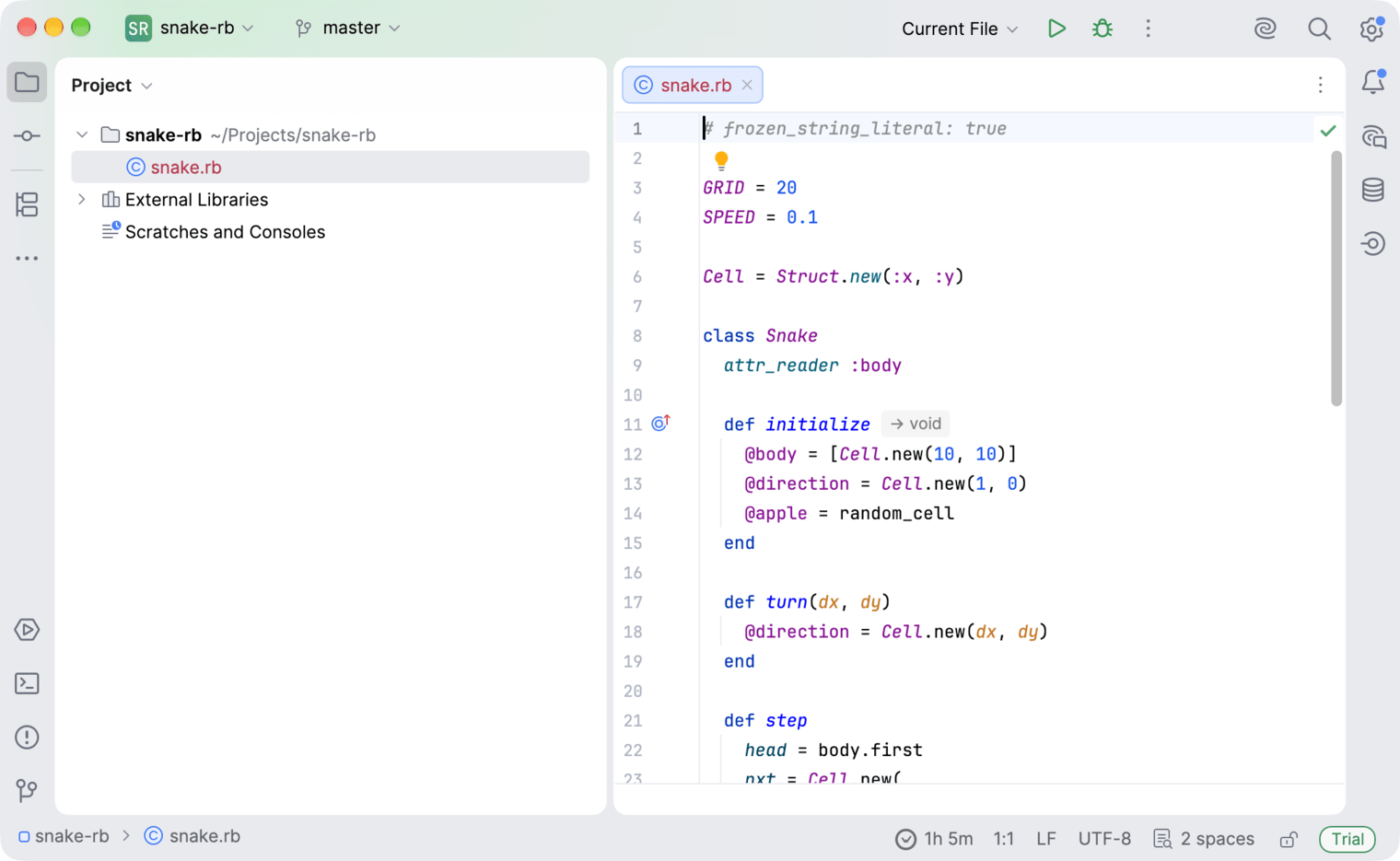 RubyMine with a project open and the WakaTime time in the status bar