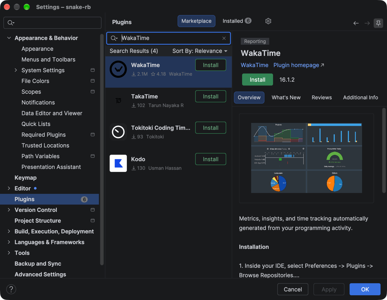 RubyMine Settings on the Plugins Marketplace tab with WakaTime in the search results