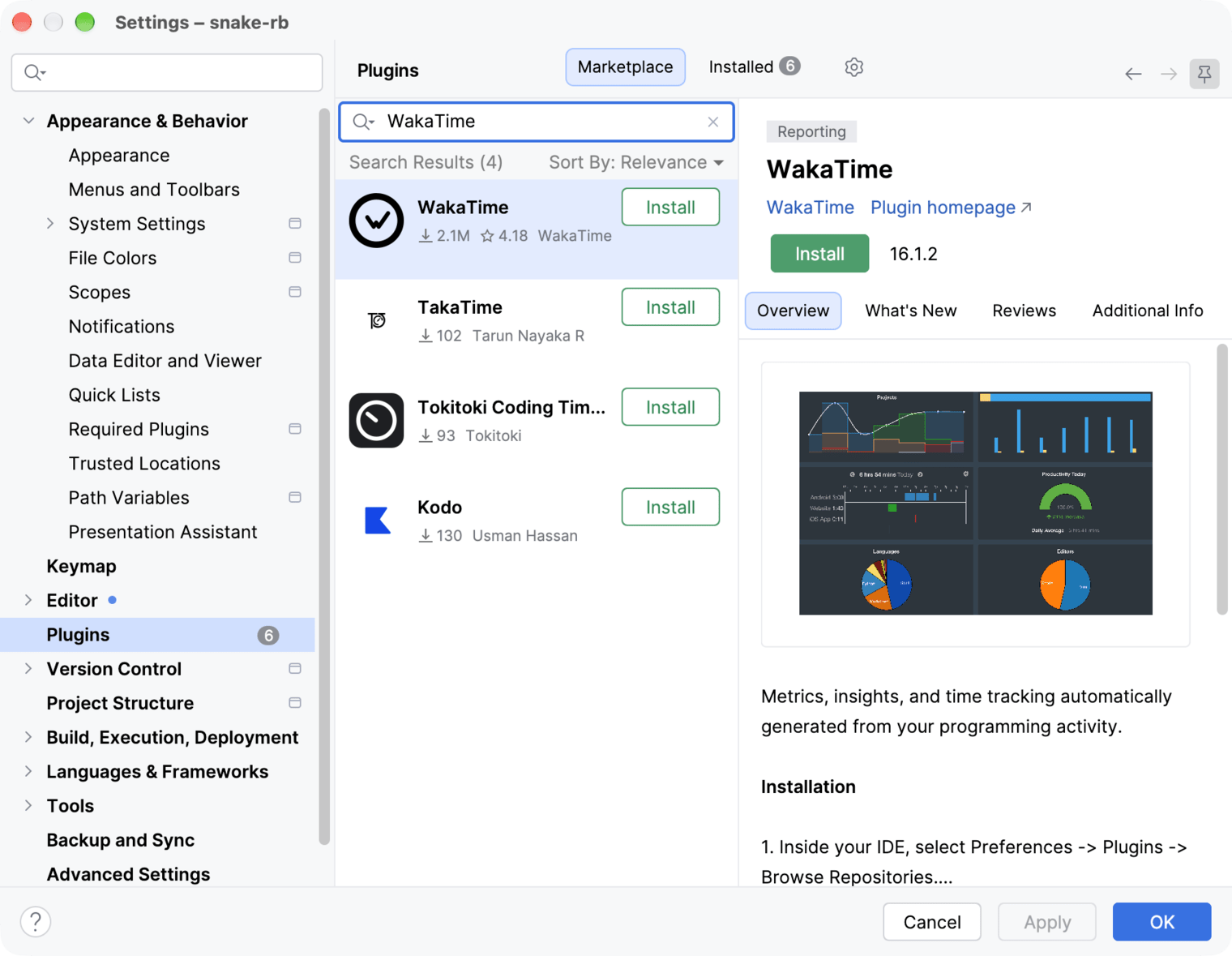RubyMine Settings on the Plugins Marketplace tab with WakaTime in the search results