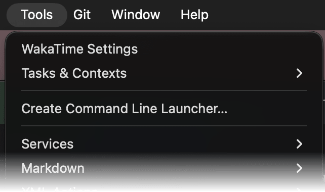 RubyMine Tools menu with WakaTime Settings at the top