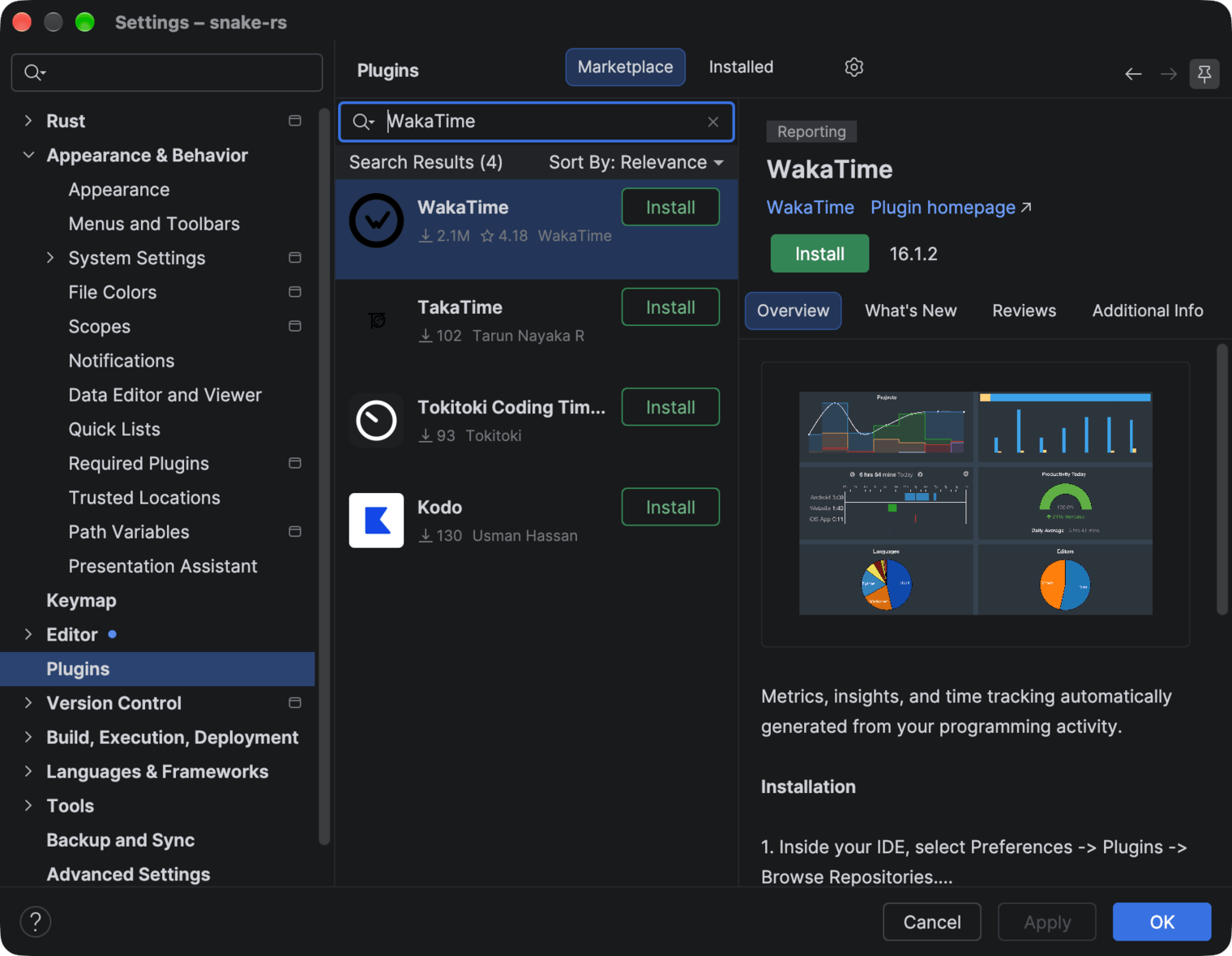RustRover Settings on the Plugins Marketplace tab with WakaTime in the search results