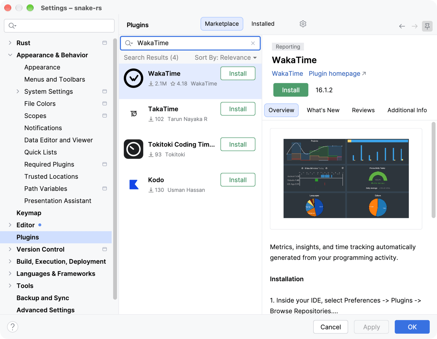 RustRover Settings on the Plugins Marketplace tab with WakaTime in the search results