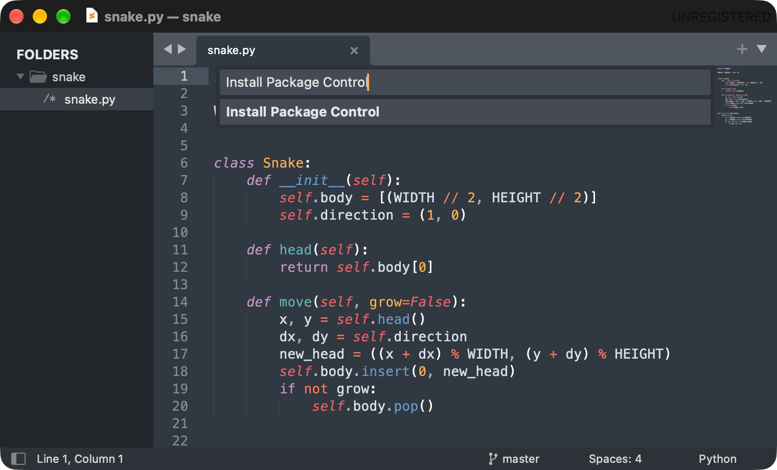 Sublime Text command palette with the Install Package Control command selected