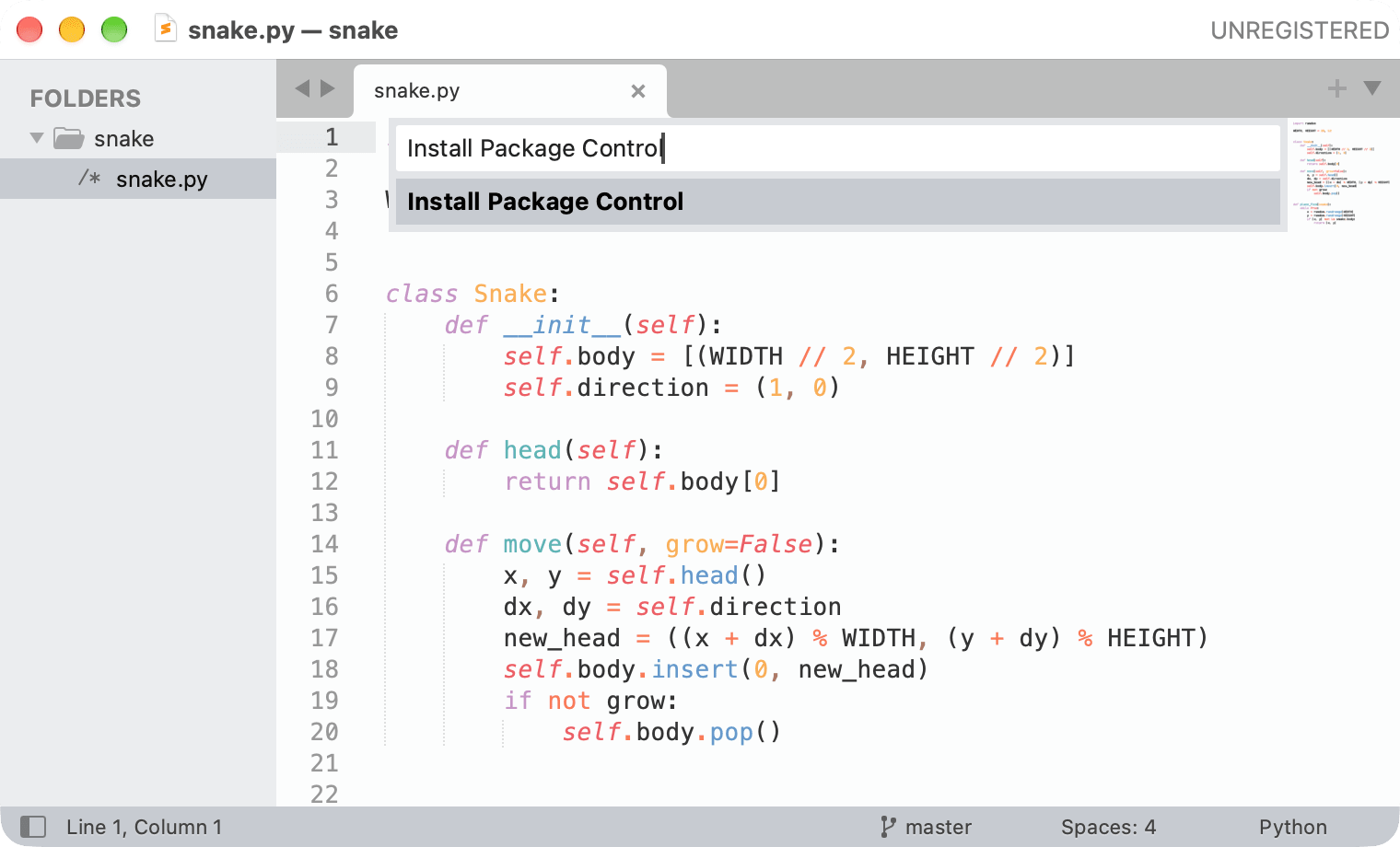 Sublime Text command palette with the Install Package Control command selected