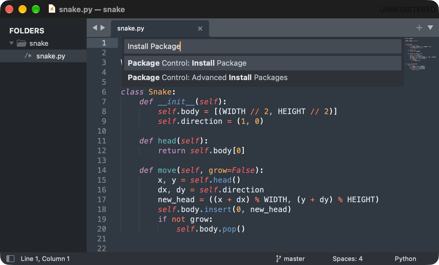 Sublime Text command palette with Package Control: Install Package selected