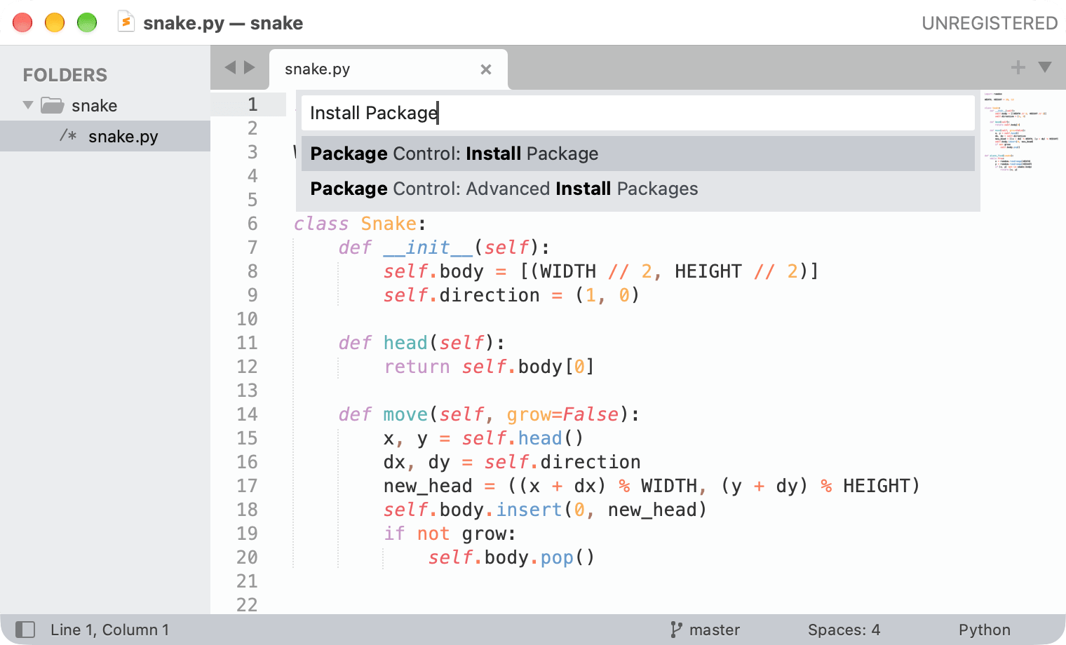 Sublime Text command palette with Package Control: Install Package selected