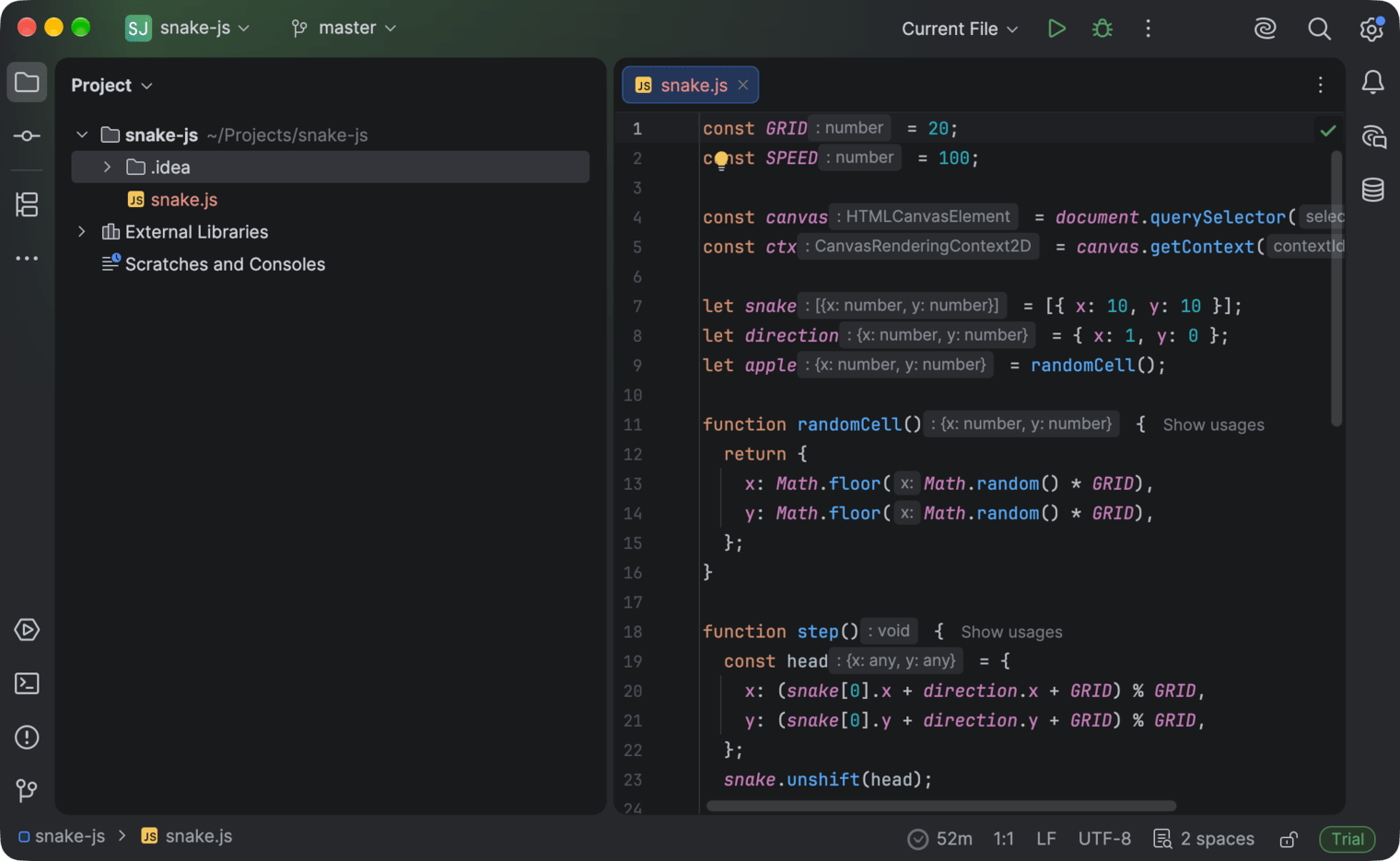 WebStorm with a project open and the WakaTime time in the status bar