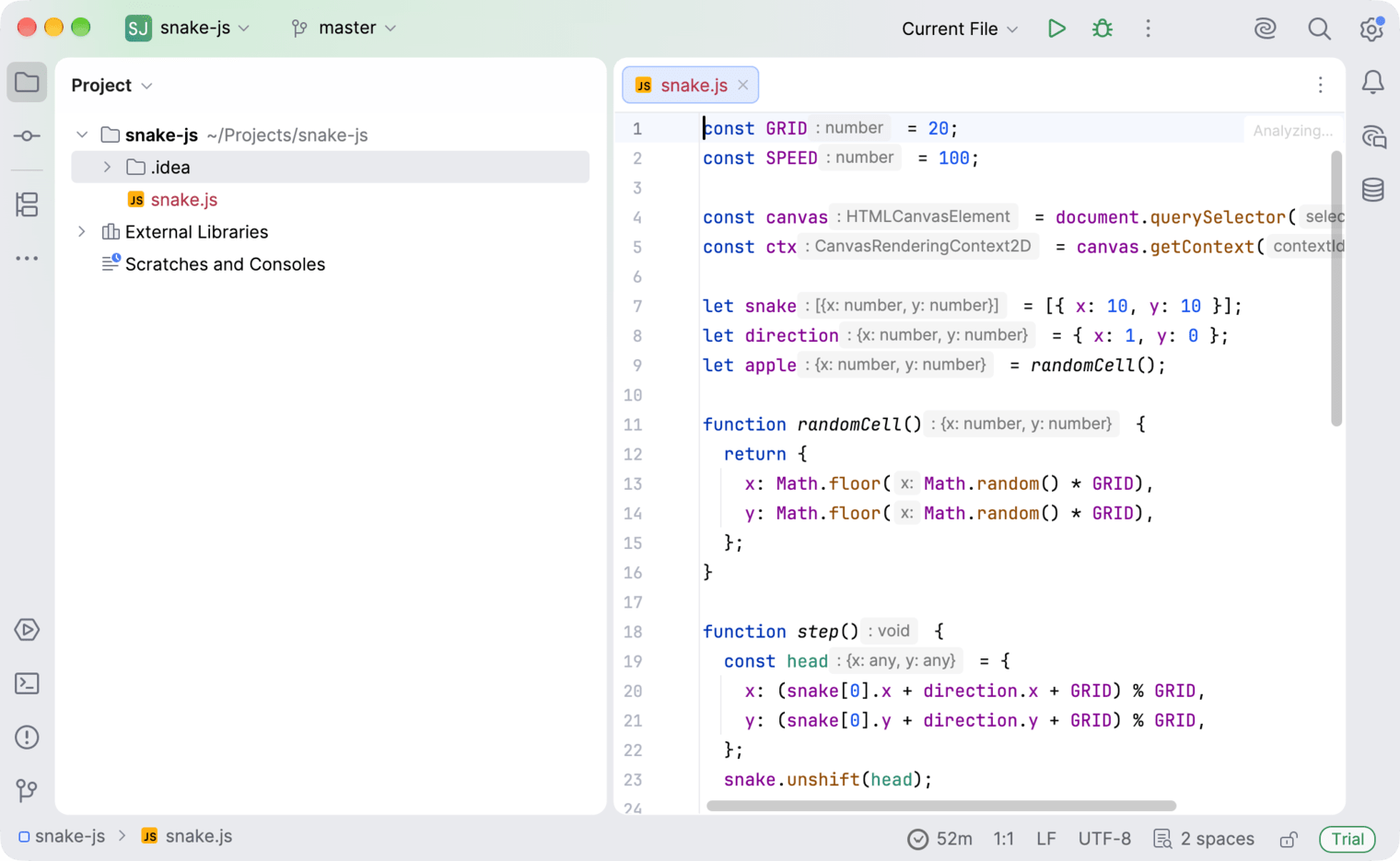 WebStorm with a project open and the WakaTime time in the status bar