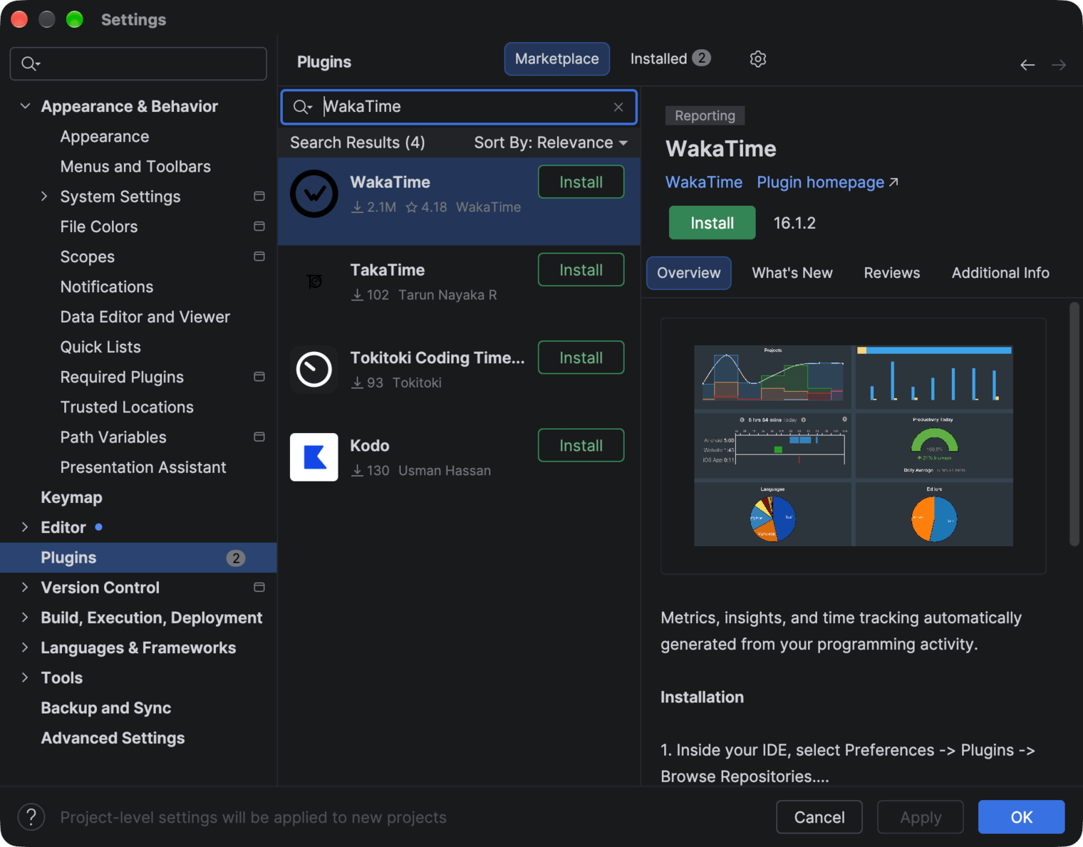 WebStorm Settings on the Plugins Marketplace tab with WakaTime in the search results