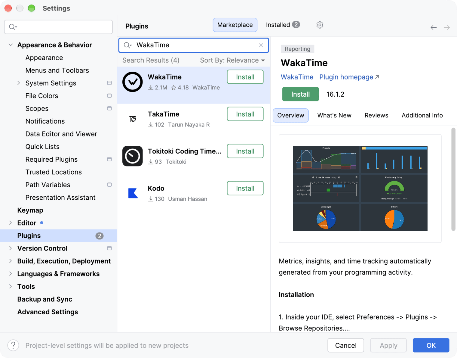 WebStorm Settings on the Plugins Marketplace tab with WakaTime in the search results