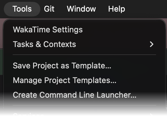 WebStorm Tools menu with WakaTime Settings at the top