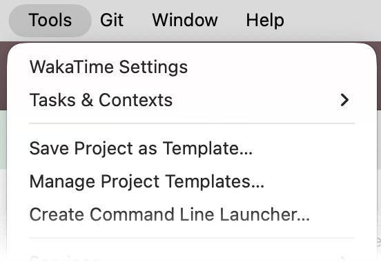 WebStorm Tools menu with WakaTime Settings at the top