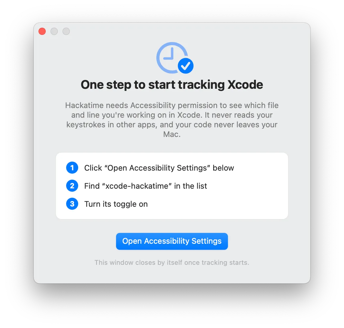 Screenshot of “One step to start tracking Xcode” window